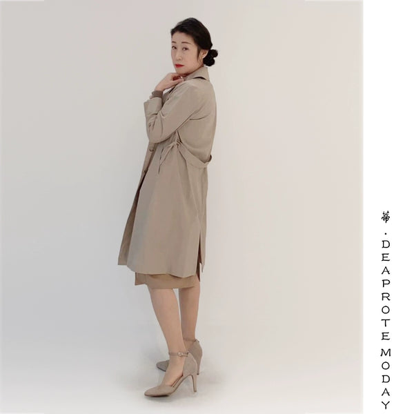 Spring and Summer Lapel Belt Long Trench Coat