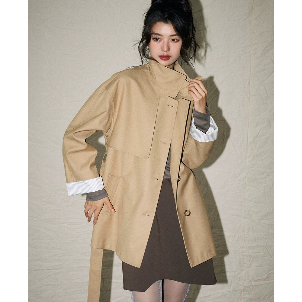 24 Autumn New Korean Style Casual Retro Style Versatile Stand Collar Small Loose Mid Length Long Length Trench Coat Outwear