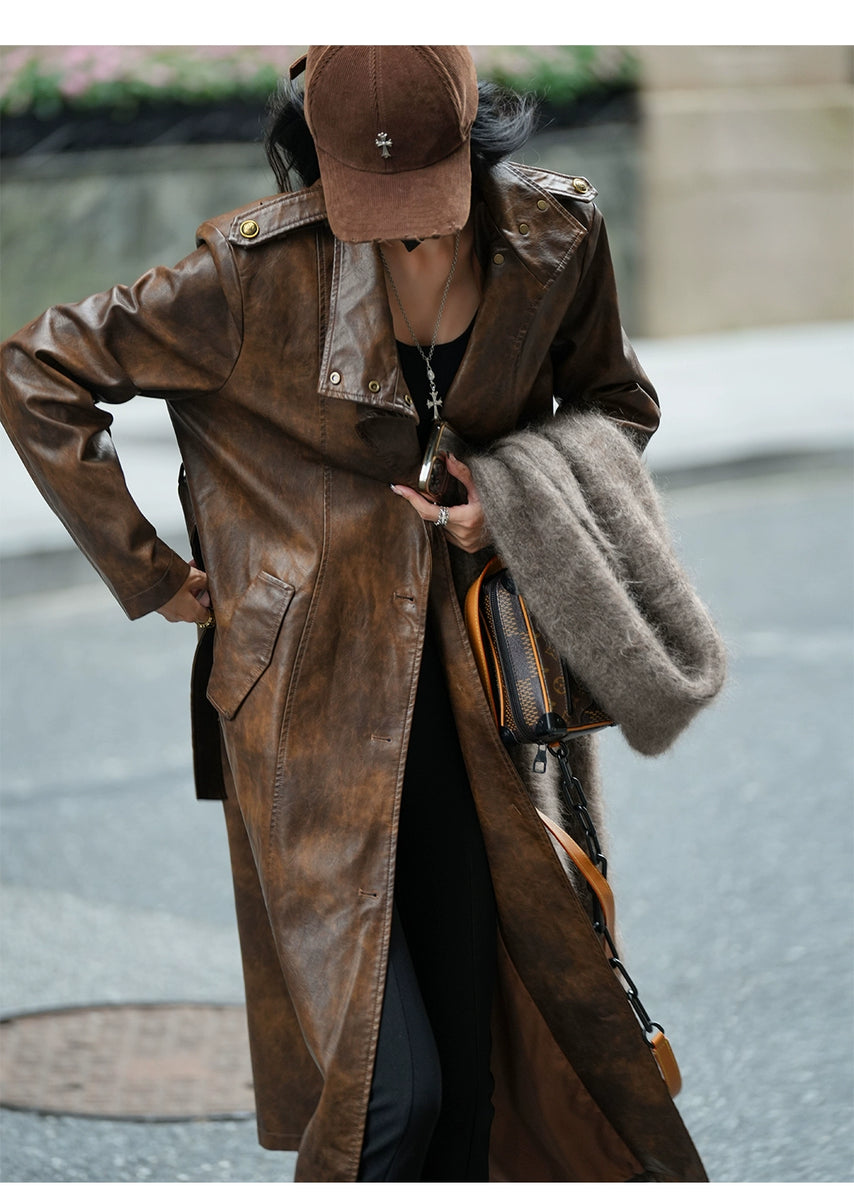 Luna7xi Stylish Fashion Long Leather Coat