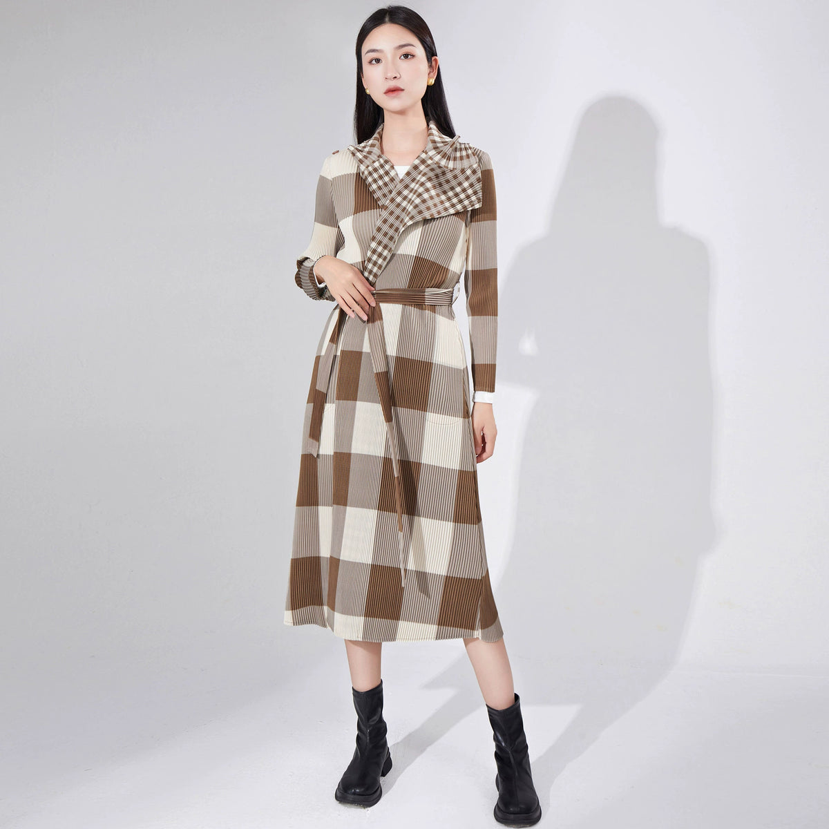 Middle-Aged Boss Ruched Mid Length Long Length Trench Coat Outwear Lapel Tied Loose Temperament Commute All-Match Coat Women's