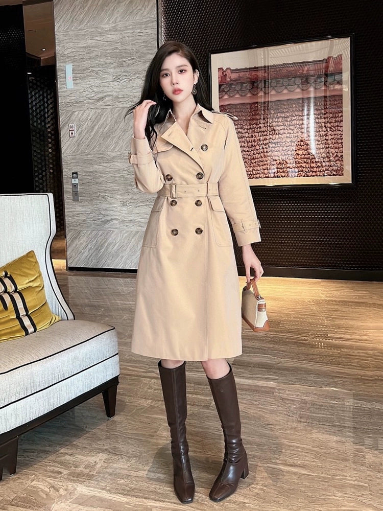 European Station Counter 2024 Spring and Autumn British Style Accessible Luxury Design Elegant Double Breasted Mid Length Long Length Trench Coat Women's Coat