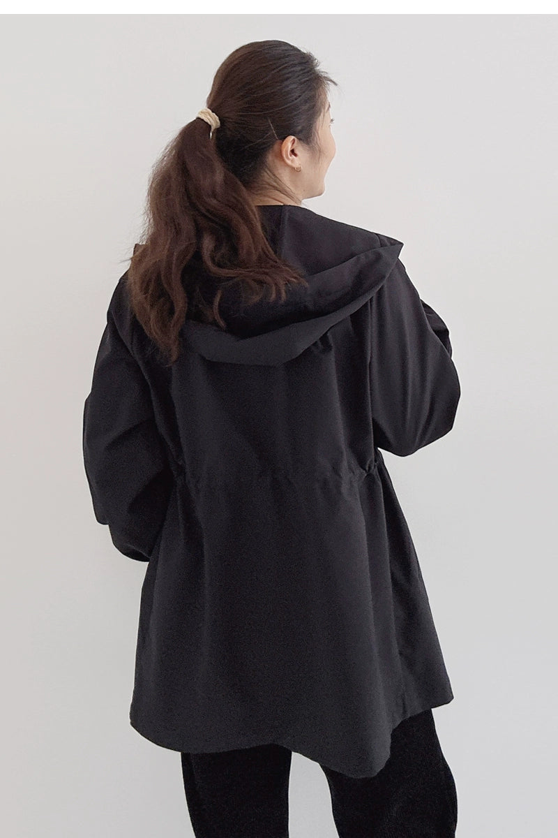 Spring Concise Hooded Mid Length Long Length Trench Coat Outwear Drawstring