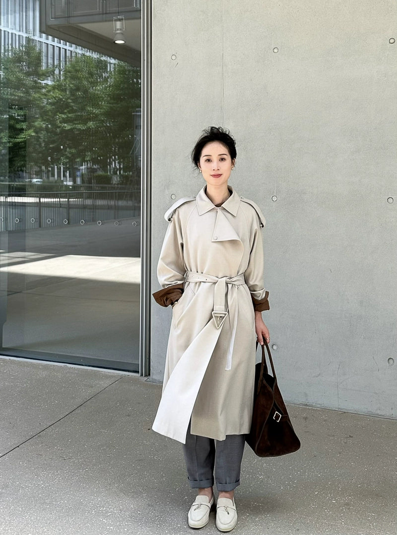 Alin Penny Streamlined BV OEM Customer-Supplied Worsted Wool Material Loose Casual Lace up Long Trench Coat