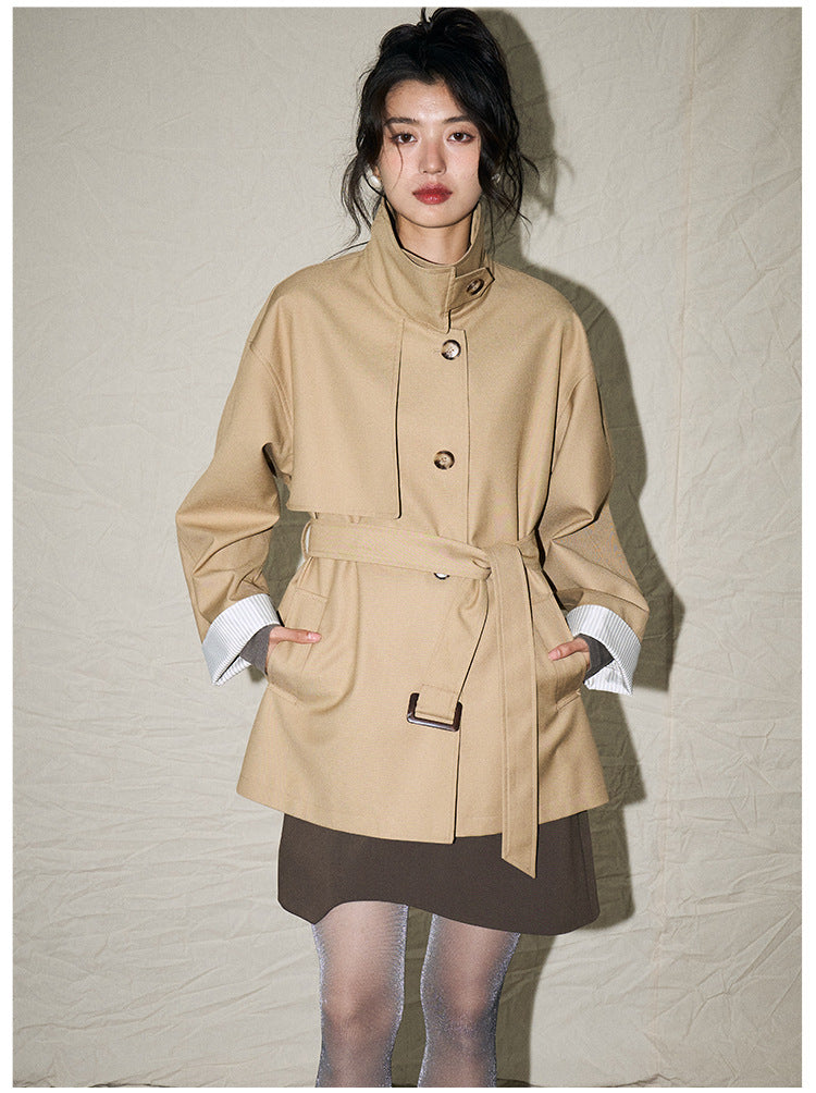 24 Autumn New Korean Style Casual Retro Style Versatile Stand Collar Small Loose Mid Length Long Length Trench Coat Outwear