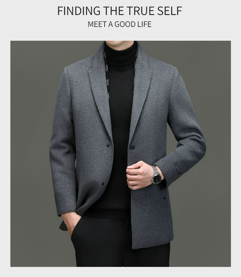 Suit Collar Woolen Russian Coat Mid Length Long Length Trench Coat Scarf down Feather Liner Middle-Aged Men's Casual Clothes Outwear