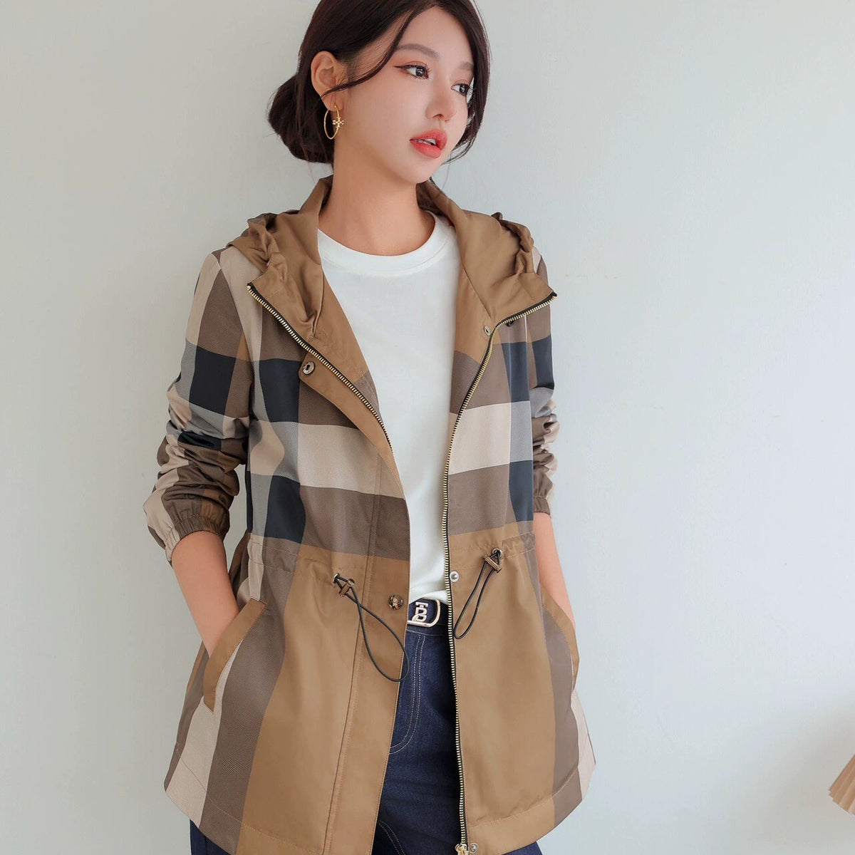 European Station Spring & Fall Hooded Casual Mid Length Long Length Coat