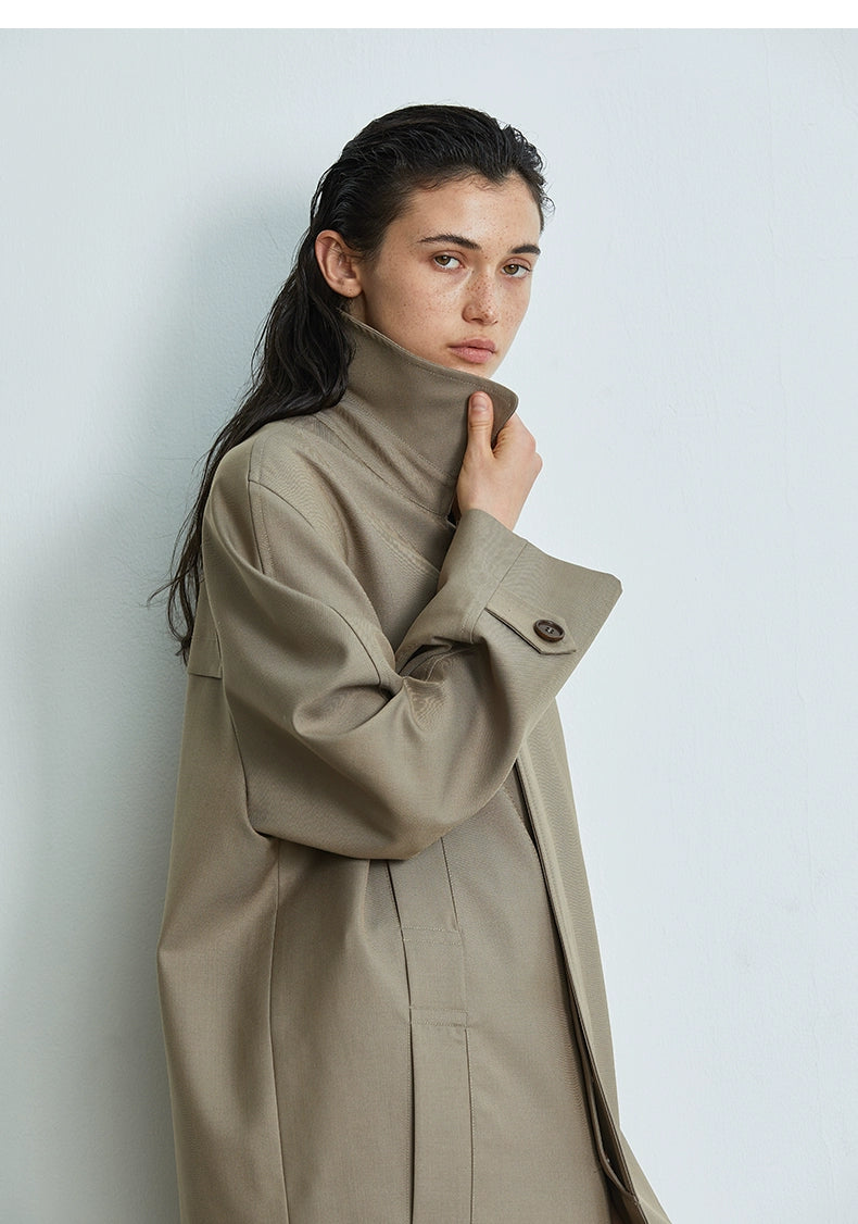 Apresquioi Independent Designer Brand Full Wool Women's Single Breasted Mid Length Long Length Trench Coat Khaki