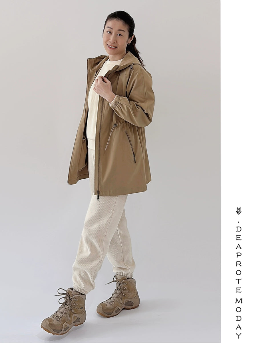 Spring Concise Hooded Mid Length Long Length Trench Coat Outwear Drawstring