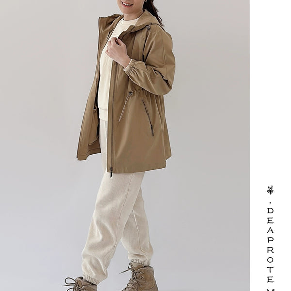 Spring Concise Hooded Mid Length Long Length Trench Coat Outwear Drawstring