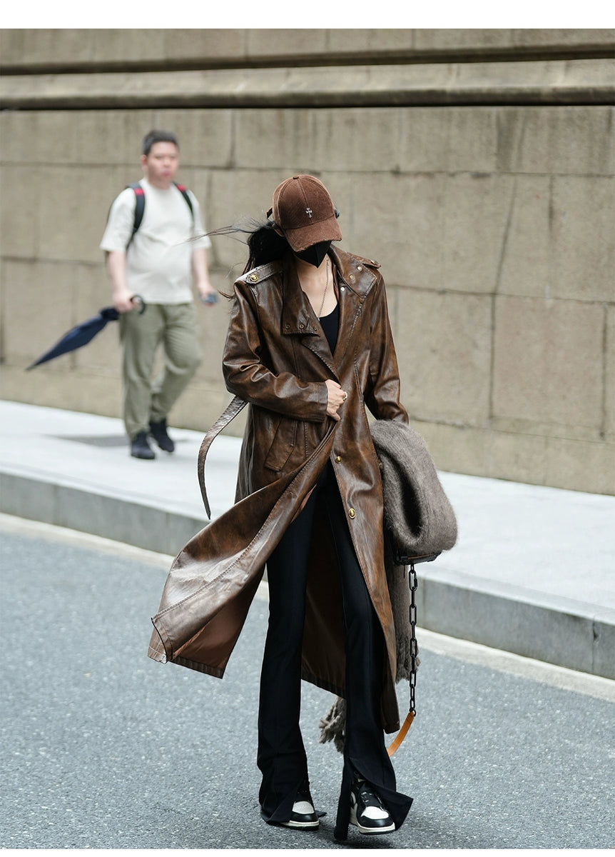 Luna7xi Stylish Fashion Long Leather Coat