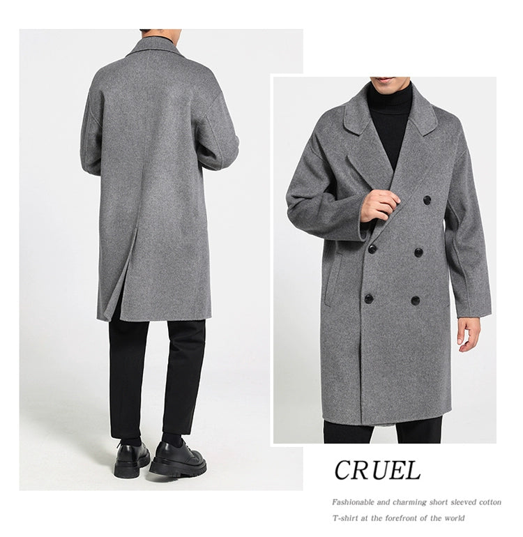 Fall and Winter Double-Sided Woolen Coat Men's Mid Length Long Length Trench Coat Classy Loose over Knee Casual Woolen Coat