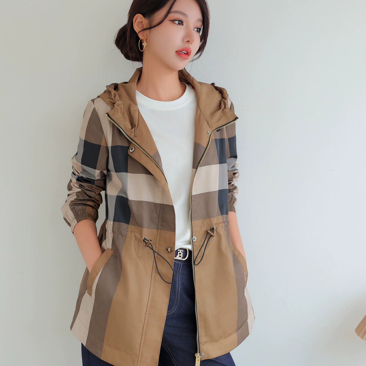 European Station Spring & Fall Hooded Casual Mid Length Long Length Coat