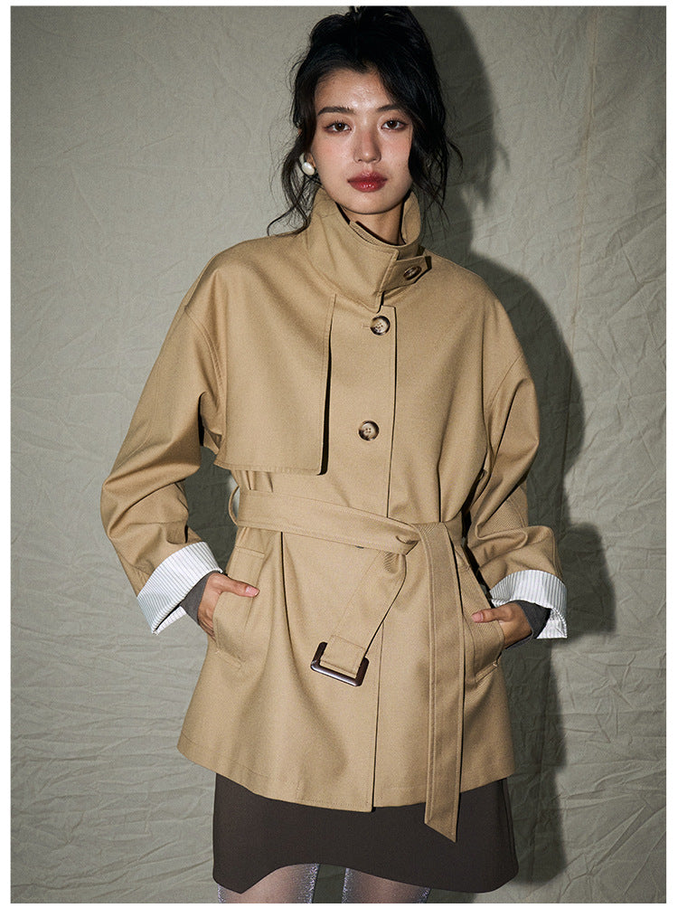 24 Autumn New Korean Style Casual Retro Style Versatile Stand Collar Small Loose Mid Length Long Length Trench Coat Outwear