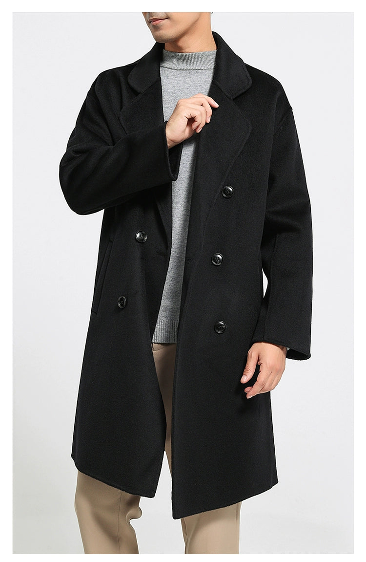 Fall and Winter Double-Sided Woolen Coat Men's Mid Length Long Length Trench Coat Classy Loose over Knee Casual Woolen Coat