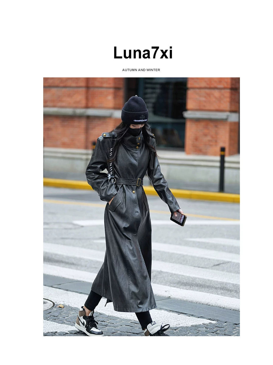 Luna7xi Stylish Fashion Long Leather Coat