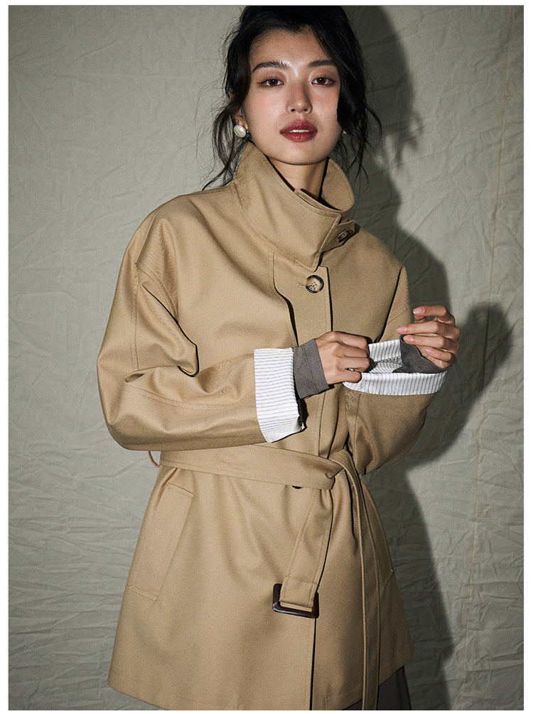 24 Autumn New Korean Style Casual Retro Style Versatile Stand Collar Small Loose Mid Length Long Length Trench Coat Outwear