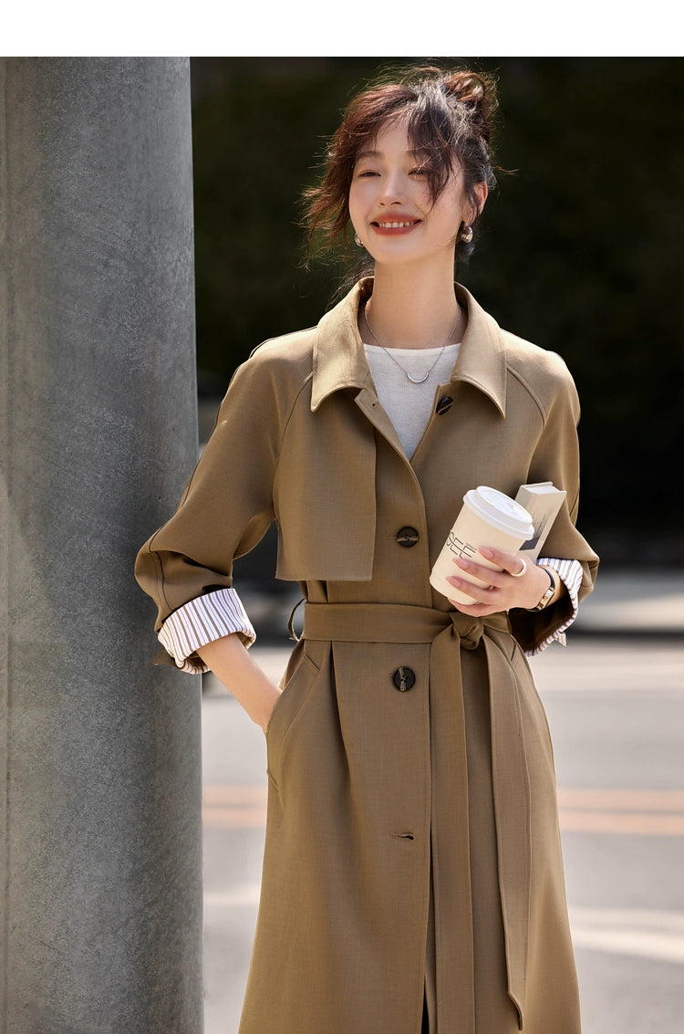 Moran Yimei Stripes Color Matching Long Sleeve Trench Coat