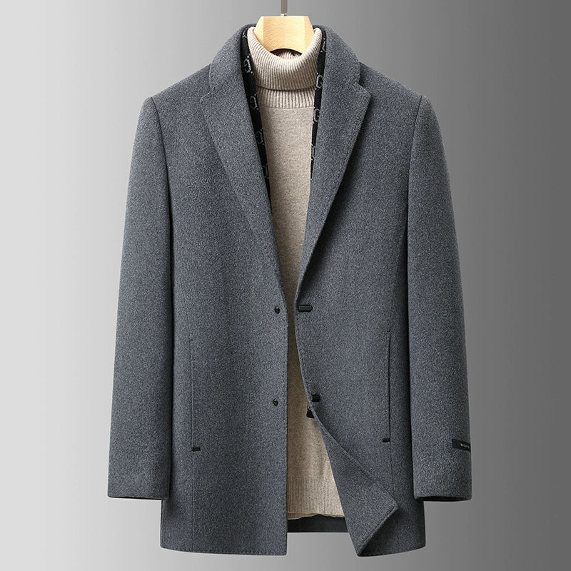 Suit Collar Woolen Russian Coat Mid Length Long Length Trench Coat Scarf down Feather Liner Middle-Aged Men's Casual Clothes Outwear