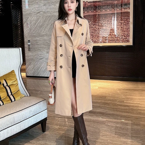 European Station Counter 2024 Spring and Autumn British Style Accessible Luxury Design Elegant Double Breasted Mid Length Long Length Trench Coat Women's Coat