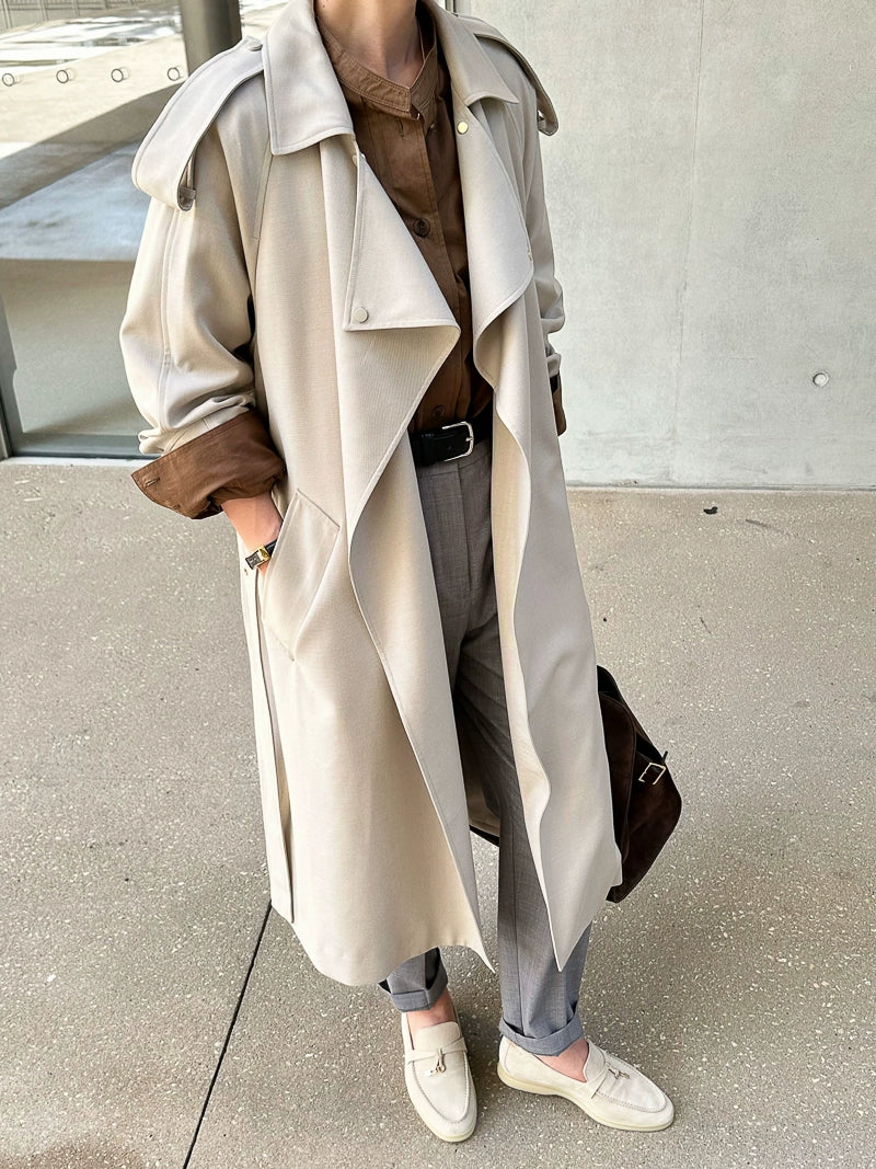 Alin Penny Streamlined BV OEM Customer-Supplied Worsted Wool Material Loose Casual Lace up Long Trench Coat