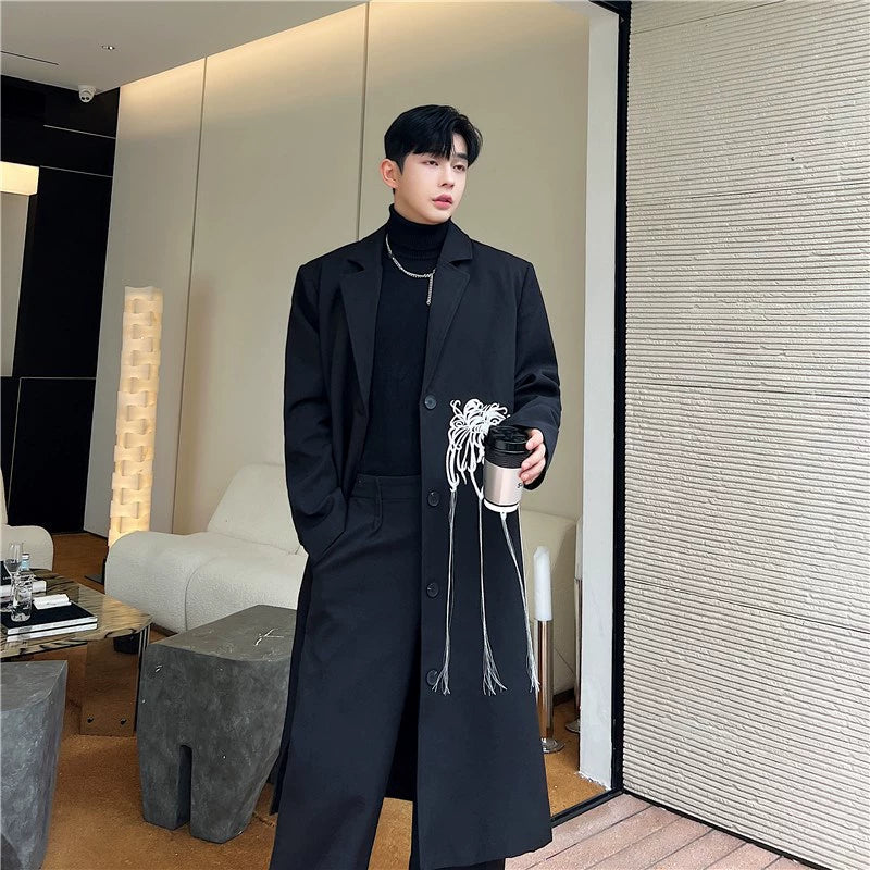 Fall and Winter Niche Style Embroider G BIAOXIU Design Long Trench Coat Men's Suit Collar Single Breasted below-the-Knee Coat Outwear Classy