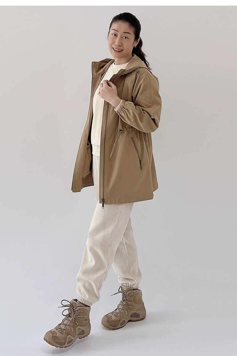 Spring Concise Hooded Mid Length Long Length Trench Coat Outwear Drawstring