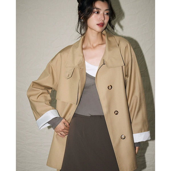 24 Autumn New Korean Style Casual Retro Style Versatile Stand Collar Small Loose Mid Length Long Length Trench Coat Outwear