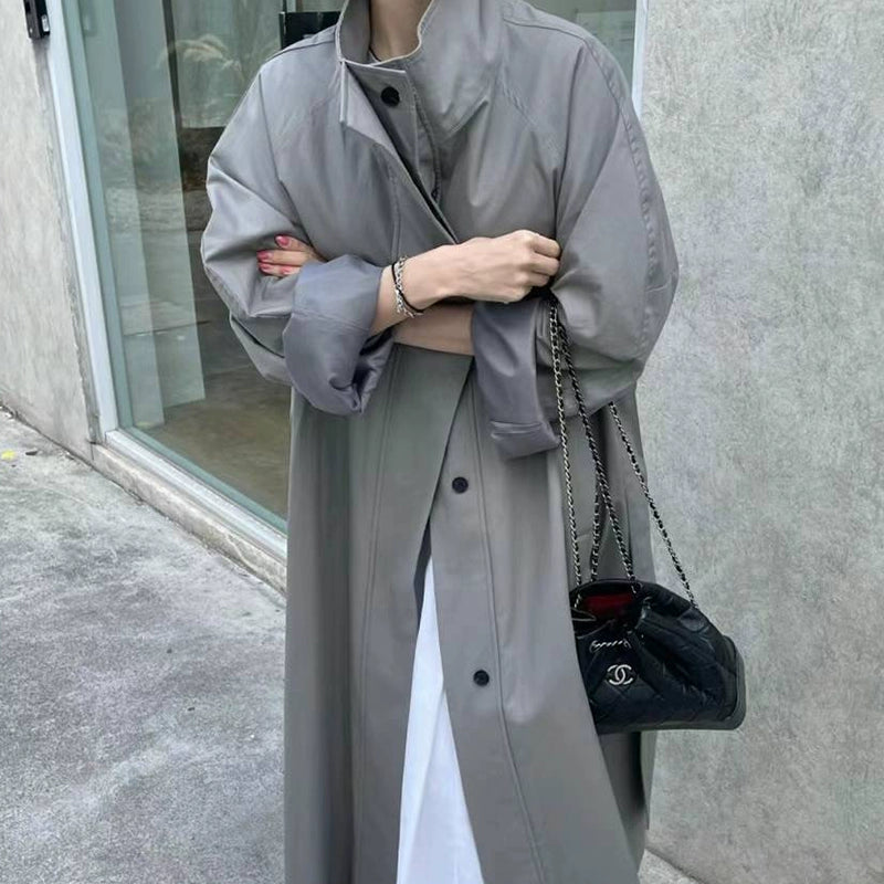 Lemon South Korea Stand Collar Single-Breasted Pure Color Trench Coat