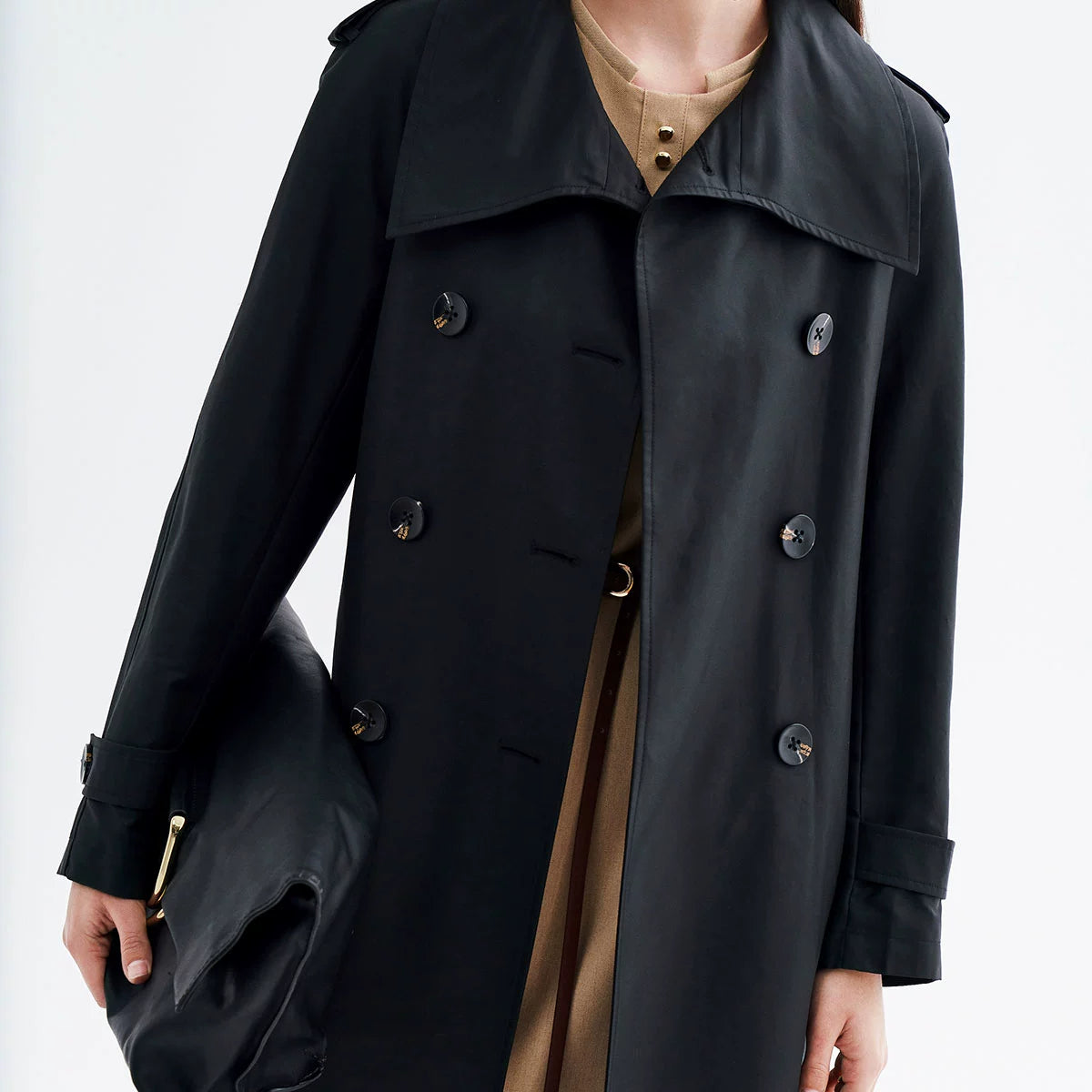 Canto Motto Fog Channel Autumn Same Style with Mall Lapel Double Breasted Shoelace Waist-Tight Mid Length Long Length Trench Coat