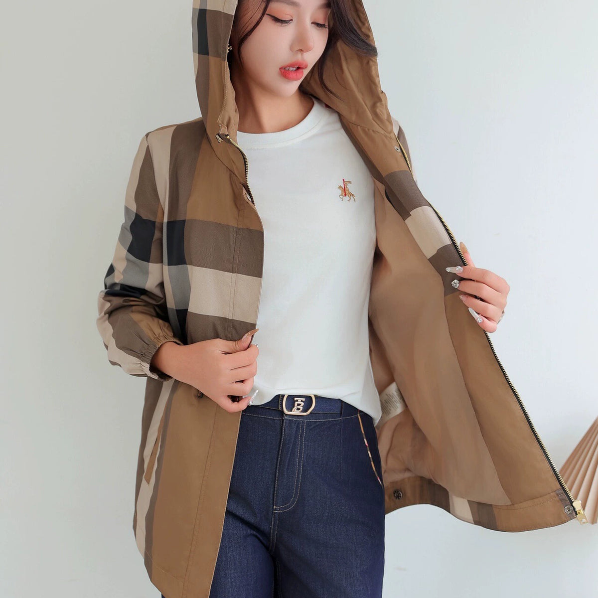 European Station Spring & Fall Hooded Casual Mid Length Long Length Coat