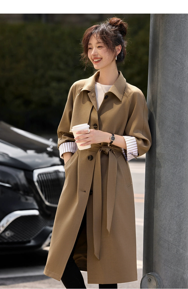 Moran Yimei Stripes Color Matching Long Sleeve Trench Coat