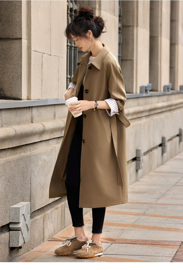 Moran Yimei Stripes Color Matching Long Sleeve Trench Coat