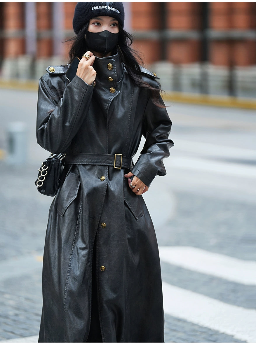 Luna7xi Stylish Fashion Long Leather Coat