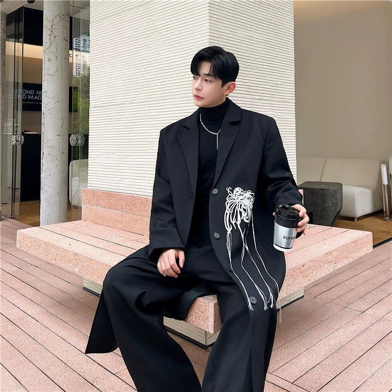 Fall and Winter Niche Style Embroider G BIAOXIU Design Long Trench Coat Men's Suit Collar Single Breasted below-the-Knee Coat Outwear Classy