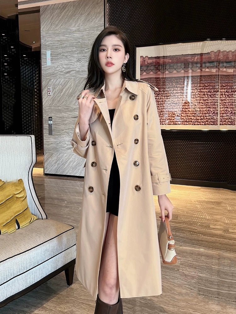 European Station Counter 2024 Spring and Autumn British Style Accessible Luxury Design Elegant Double Breasted Mid Length Long Length Trench Coat Women's Coat