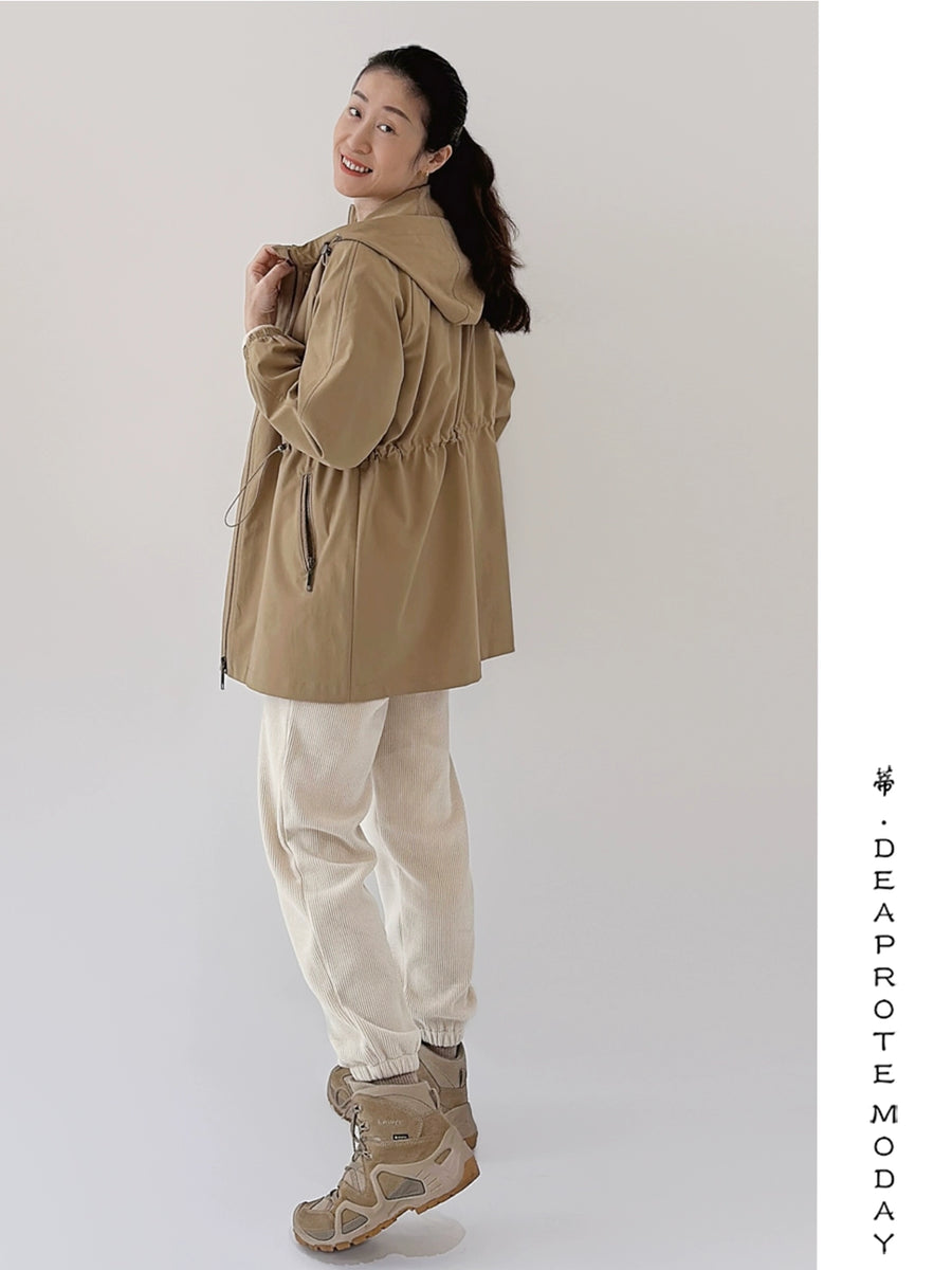 Spring Concise Hooded Mid Length Long Length Trench Coat Outwear Drawstring