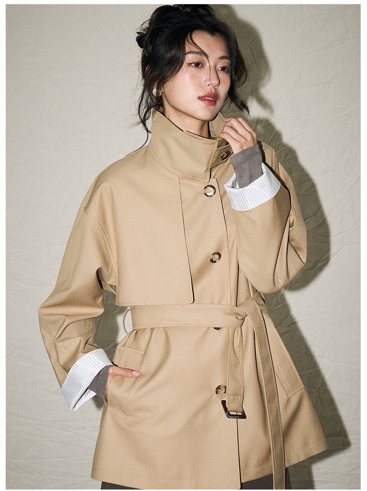 24 Autumn New Korean Style Casual Retro Style Versatile Stand Collar Small Loose Mid Length Long Length Trench Coat Outwear