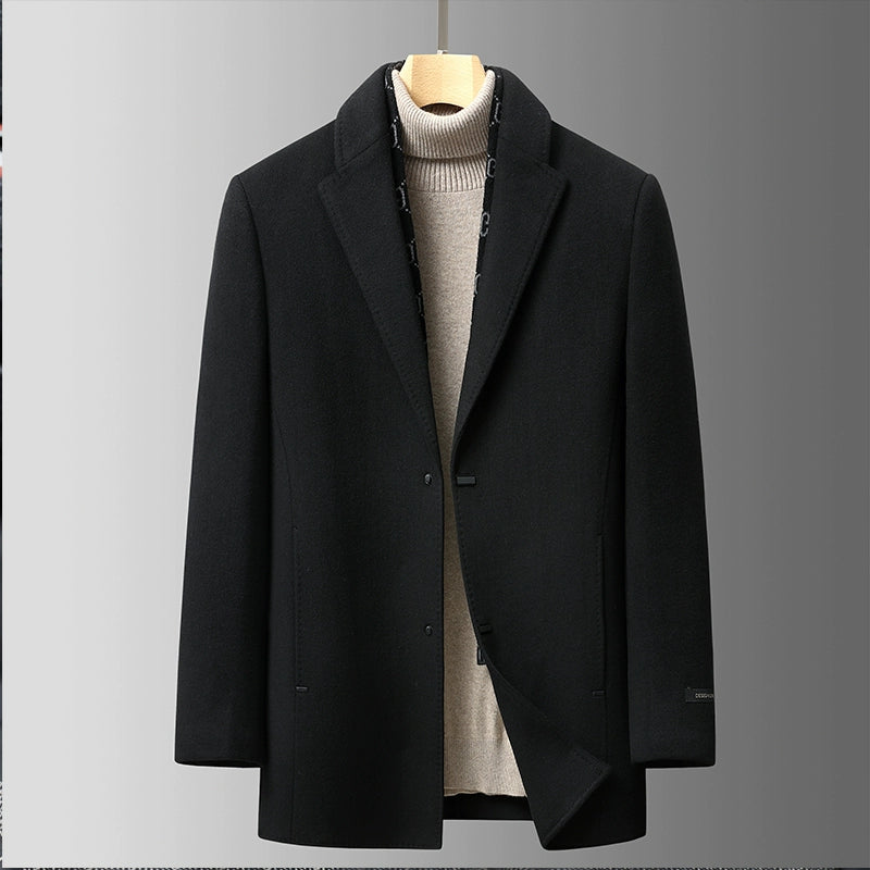 Suit Collar Woolen Russian Coat Mid Length Long Length Trench Coat Scarf down Feather Liner Middle-Aged Men's Casual Clothes Outwear