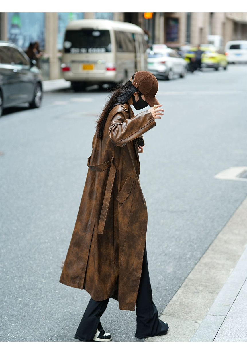 Luna7xi Stylish Fashion Long Leather Coat