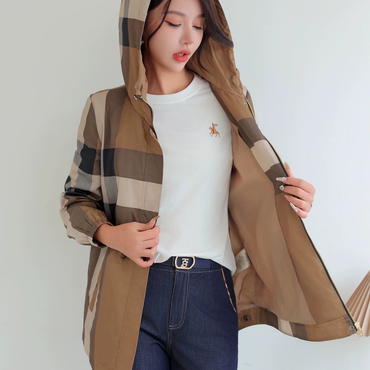 European Station Spring & Fall Hooded Casual Mid Length Long Length Coat