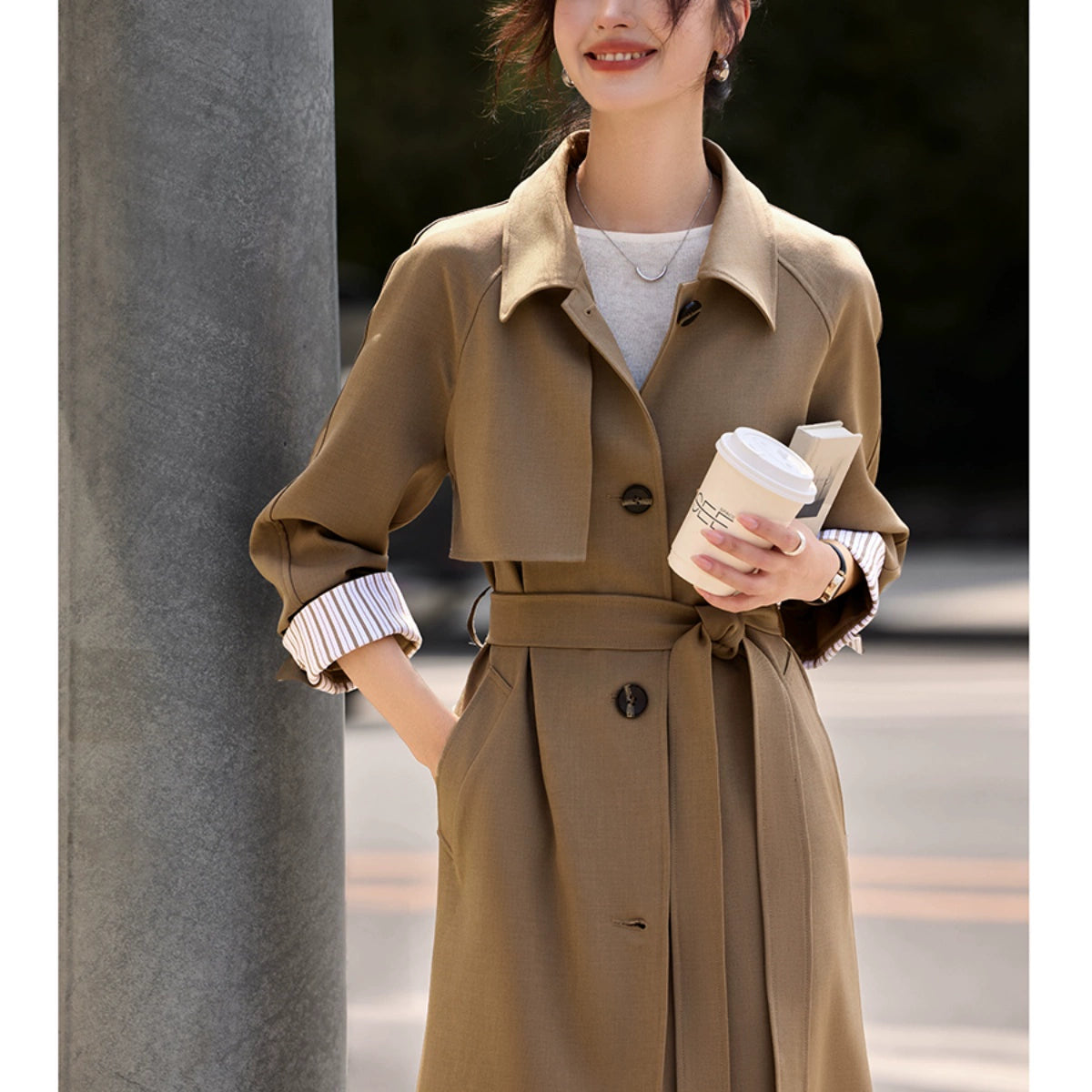 Moran Yimei Stripes Color Matching Long Sleeve Trench Coat