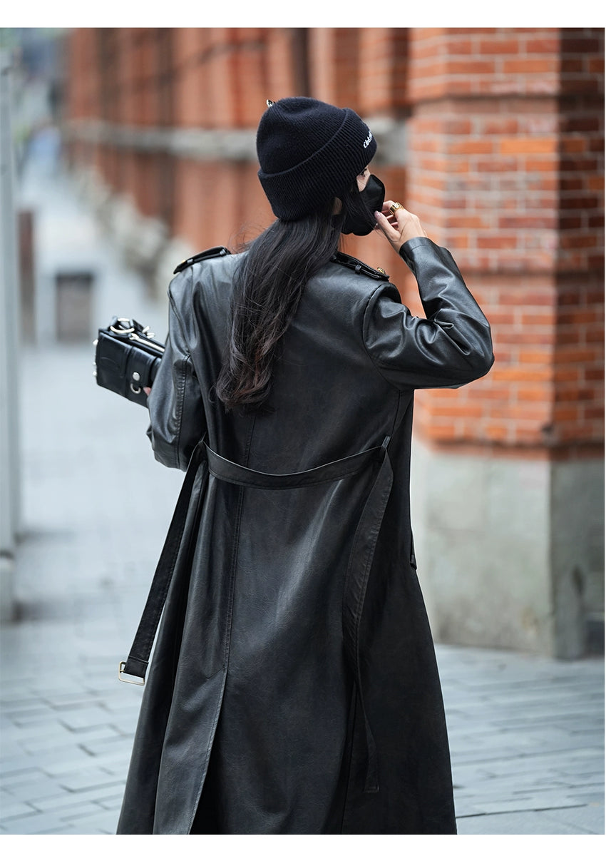 Luna7xi Stylish Fashion Long Leather Coat