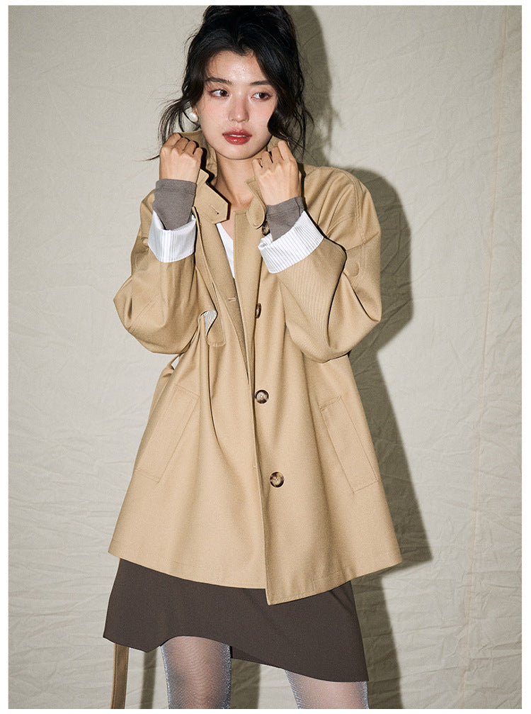 24 Autumn New Korean Style Casual Retro Style Versatile Stand Collar Small Loose Mid Length Long Length Trench Coat Outwear