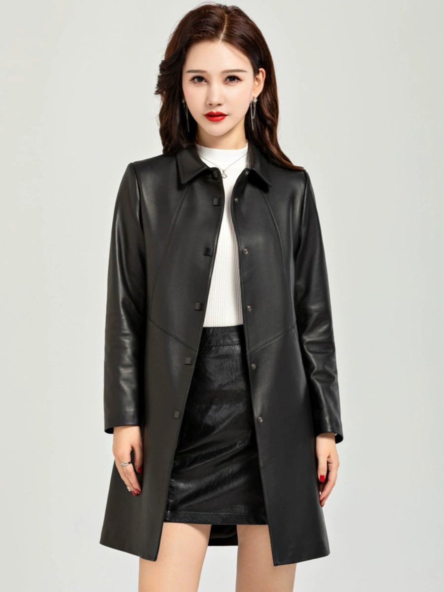 Waist Trimming Casual Haining Ladieswear Mid Length Long Length Genuine Leather Clothes