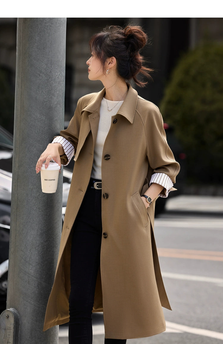 Moran Yimei Stripes Color Matching Long Sleeve Trench Coat