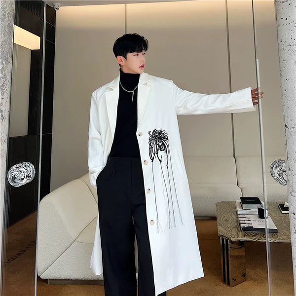 Fall and Winter Niche Style Embroider G BIAOXIU Design Long Trench Coat Men's Suit Collar Single Breasted below-the-Knee Coat Outwear Classy