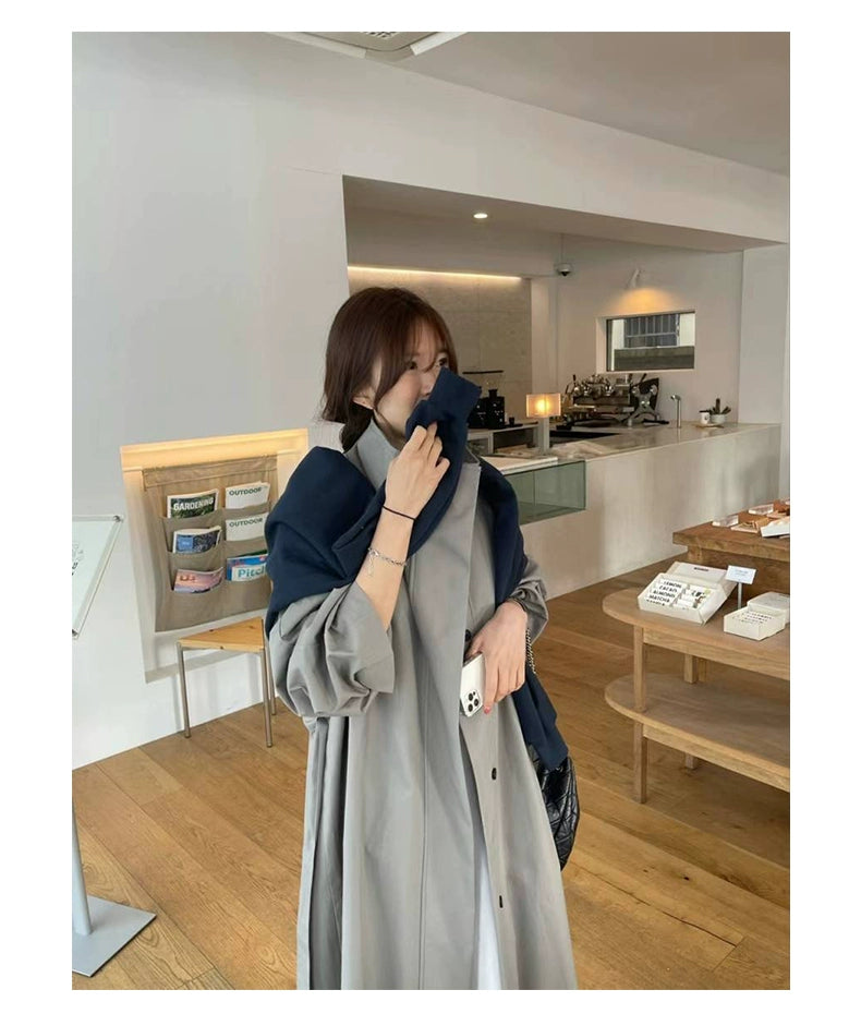 Lemon South Korea Stand Collar Single-Breasted Pure Color Trench Coat