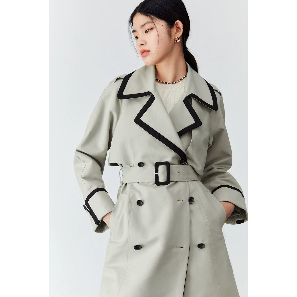 # PEACEBIRD Patchwork Contrast Color Long Trench Coat Women's Spring Double Breasted Trench Coat and Overcoat Women