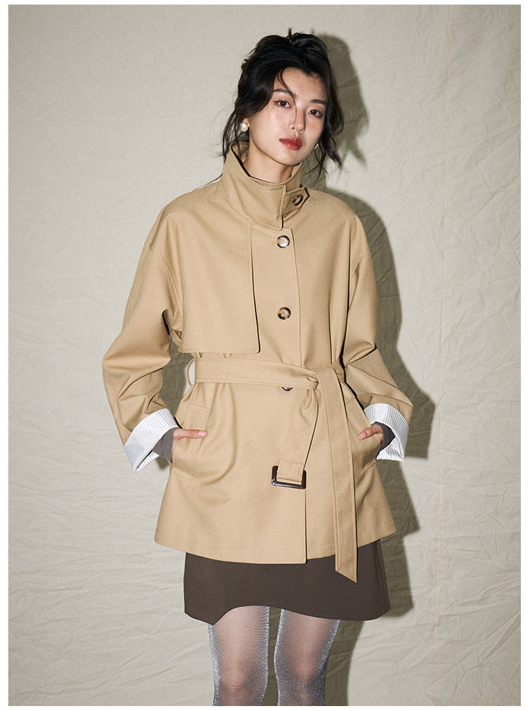 24 Autumn New Korean Style Casual Retro Style Versatile Stand Collar Small Loose Mid Length Long Length Trench Coat Outwear