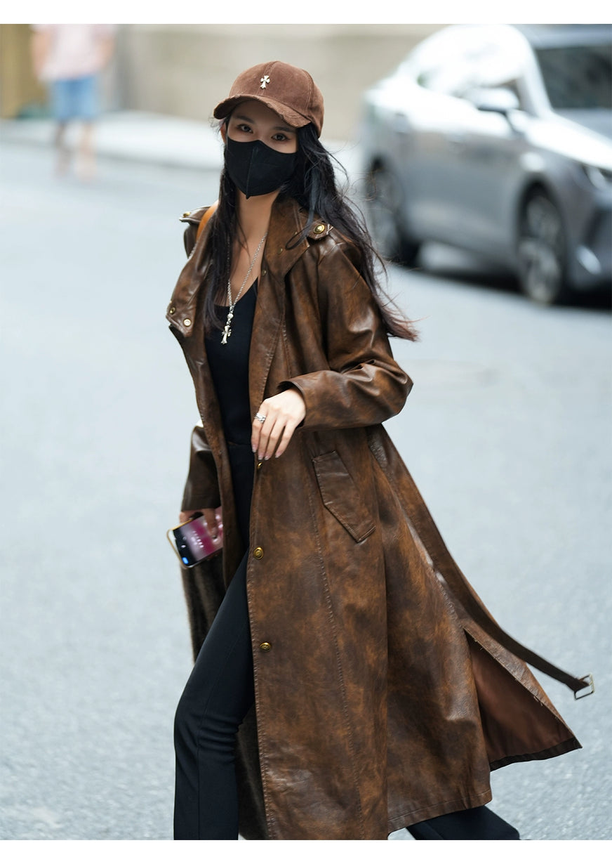 Luna7xi Stylish Fashion Long Leather Coat